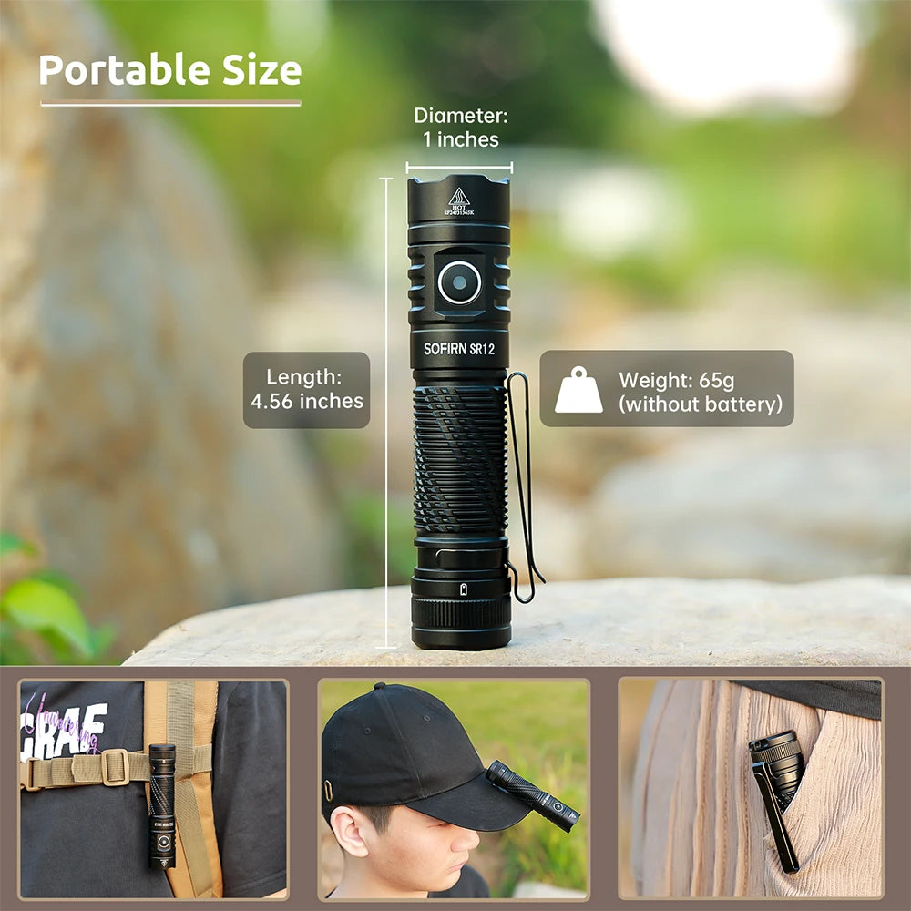 Black flashlight with measurements and usage scenarios on a natural background
