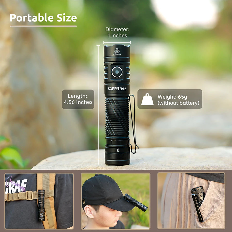 Black flashlight with measurements and usage scenarios on a natural background