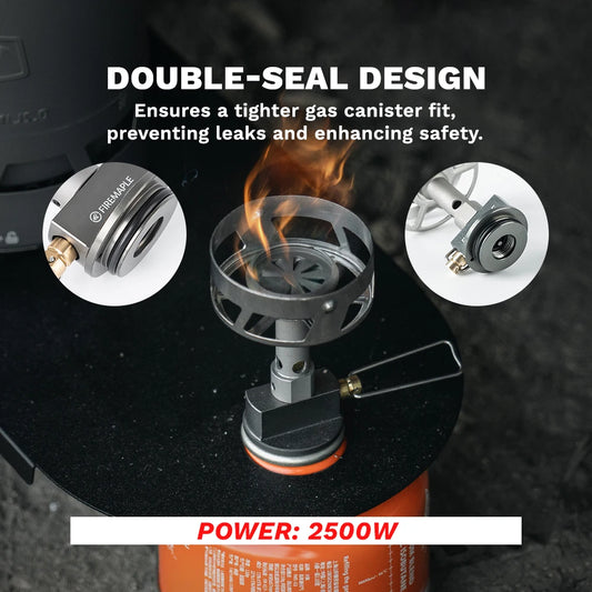 Portable stove with double-seal design features and power rating on a dark background