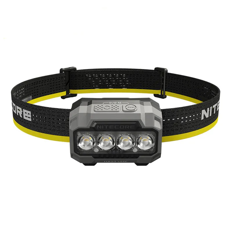 Headlamp with black strap and visible brand logos on a white background