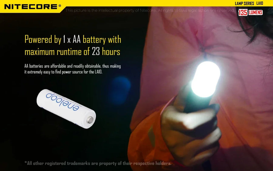 Nitecore flashlight held by a person with a battery and product details on a black background