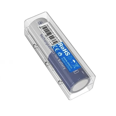 Rechargeable lithium battery with RoHS label on a white background