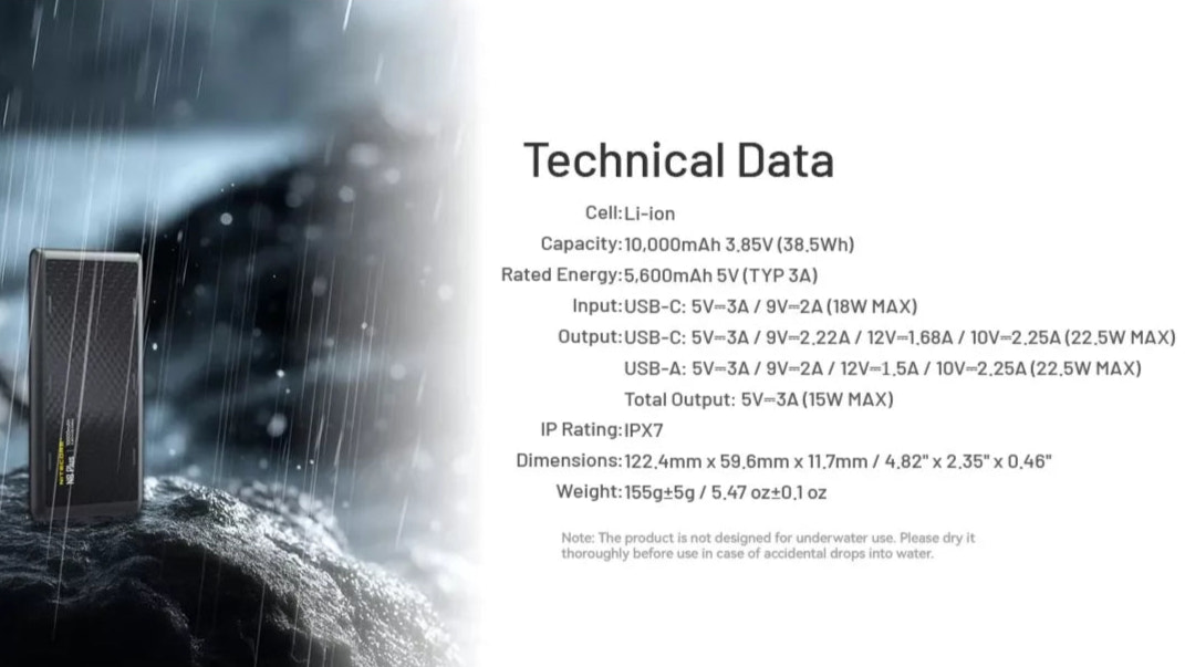 Technical specifications of a device with a raindrop effect on the left side.
