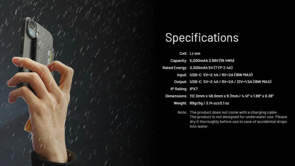 Hand holding a phone case with specifications on a dark background