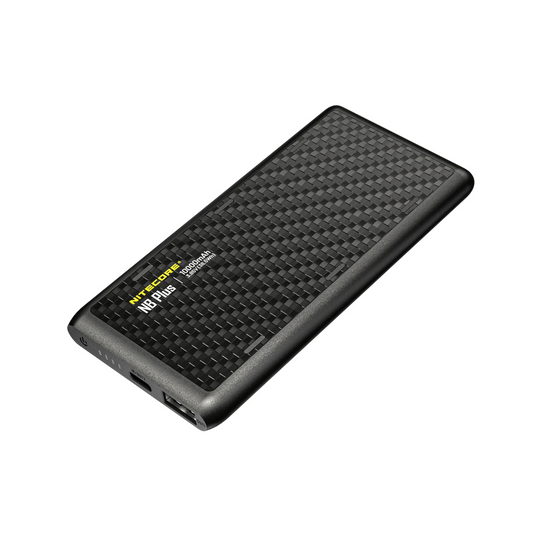 Black power bank with textured surface on a white background