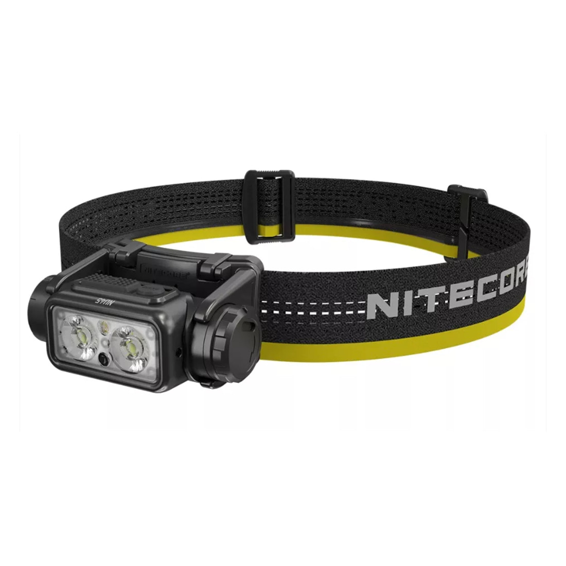 Nitecore headlamp with black and yellow strap on a white background