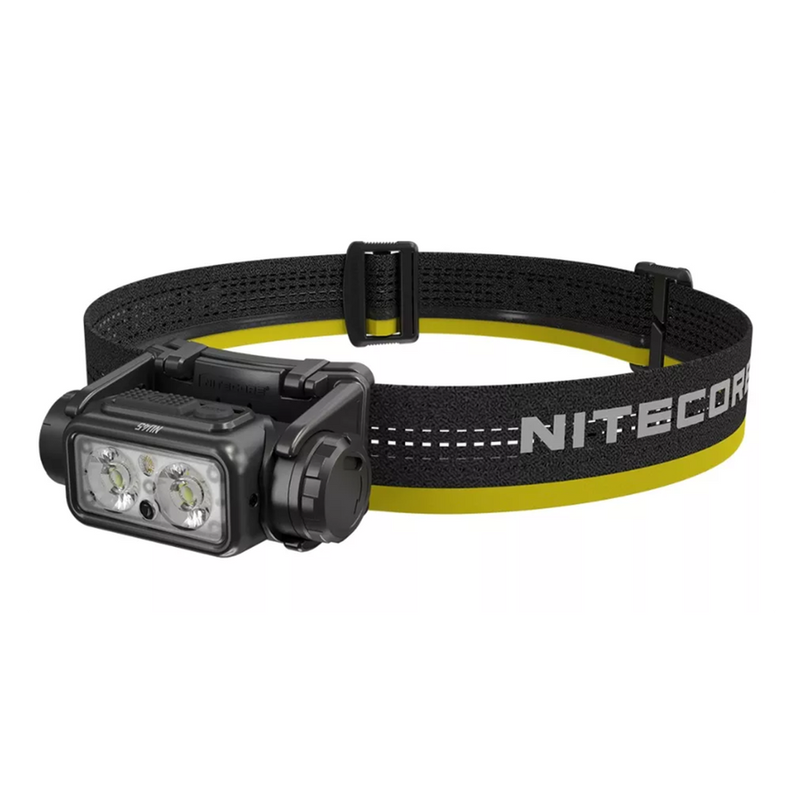 Nitecore headlamp with black and yellow strap on a white background