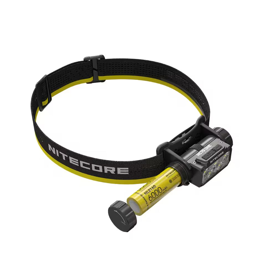 Nitecore headlamp with black and yellow strap on a white background