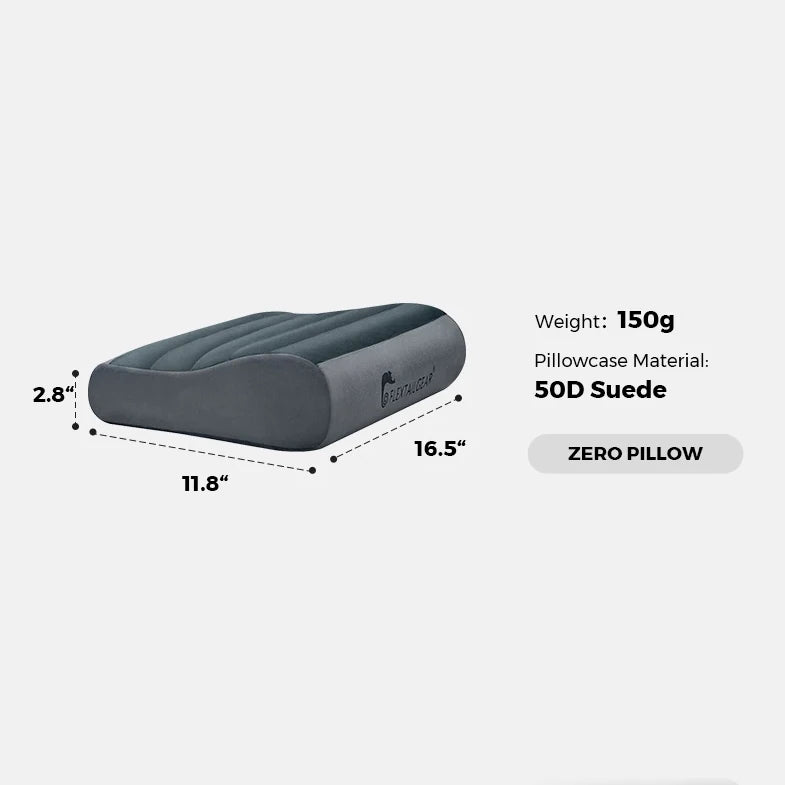 Gray inflatable pillow with dimensions and material details on a white background