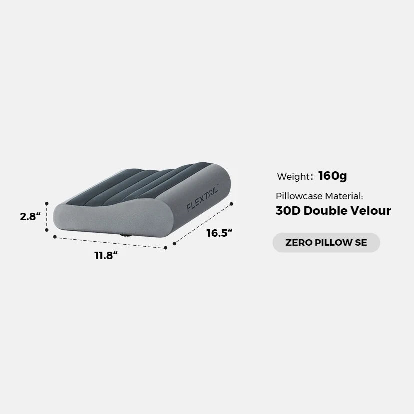 Inflatable pillow with dimensions and material details on a white background