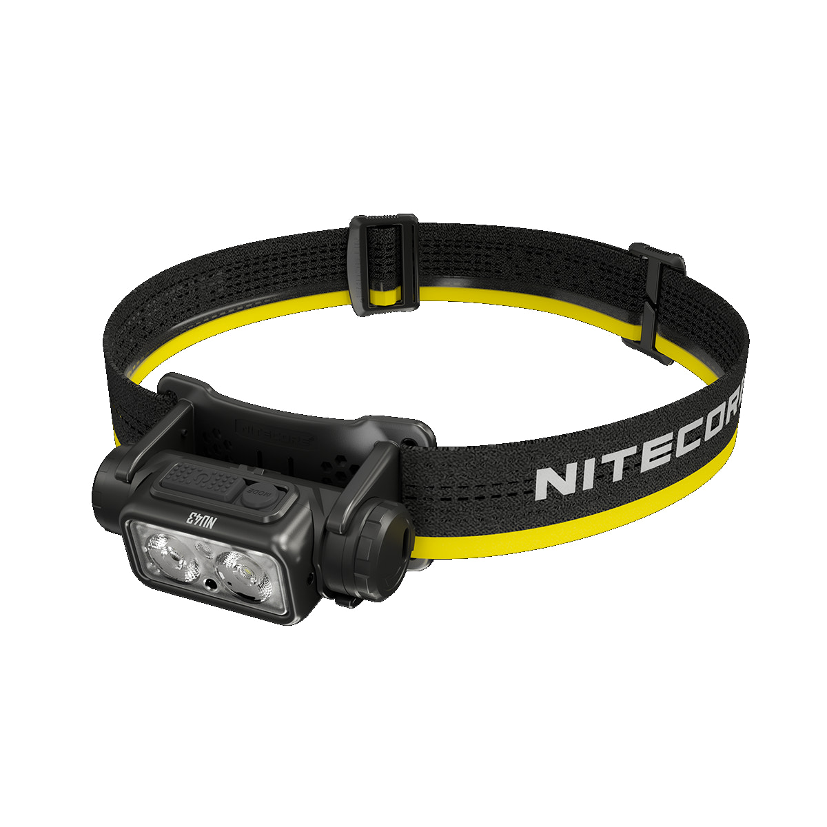 Nitecore headlamp with black and yellow strap on a white background