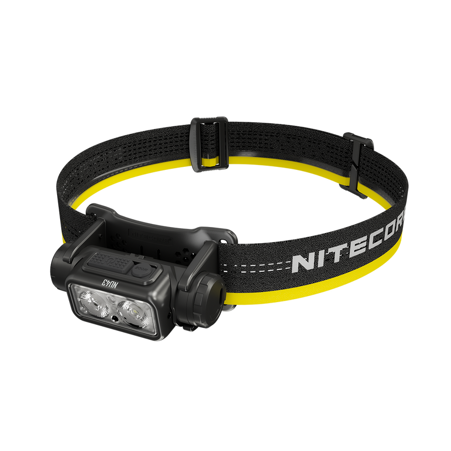Nitecore headlamp with black and yellow strap on a white background
