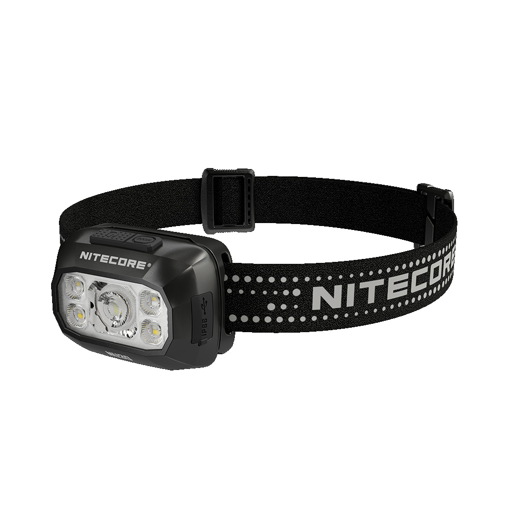 Nitecore headlamp with black strap on a white background