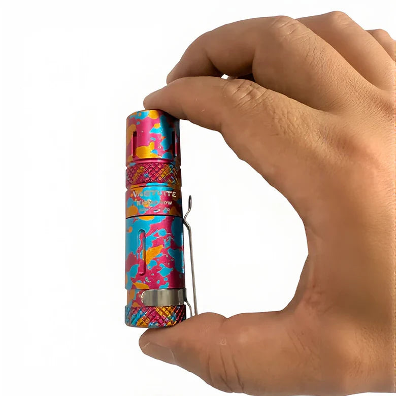 Hand holding a colorful flashlight against a white background