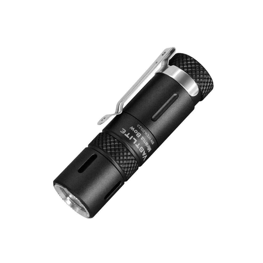 Black flashlight with a clip on a white background