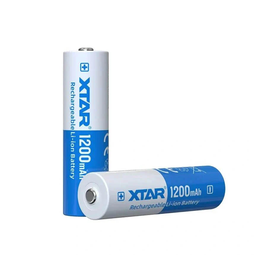 Two Xtar rechargeable lithium-ion batteries on a white background