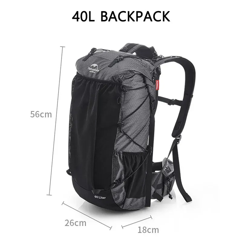 40L backpack with dimensions on a white background
