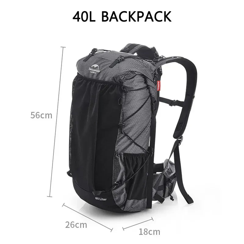 40L backpack with dimensions on a white background