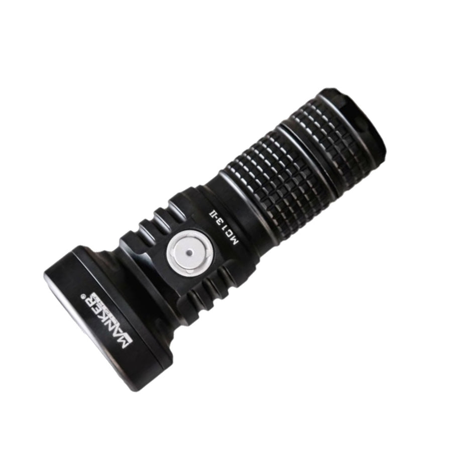 Black flashlight with 'manker' branding on a white background