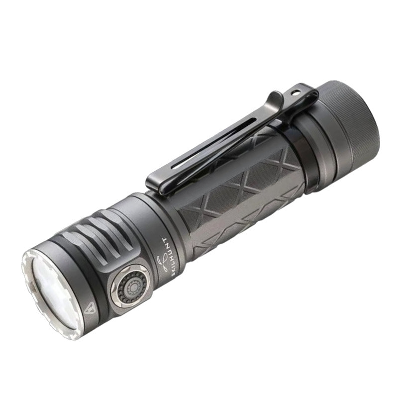 Grey flashlight with geometric design on a white background