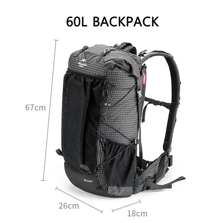 60L backpack with dimensions on a white background