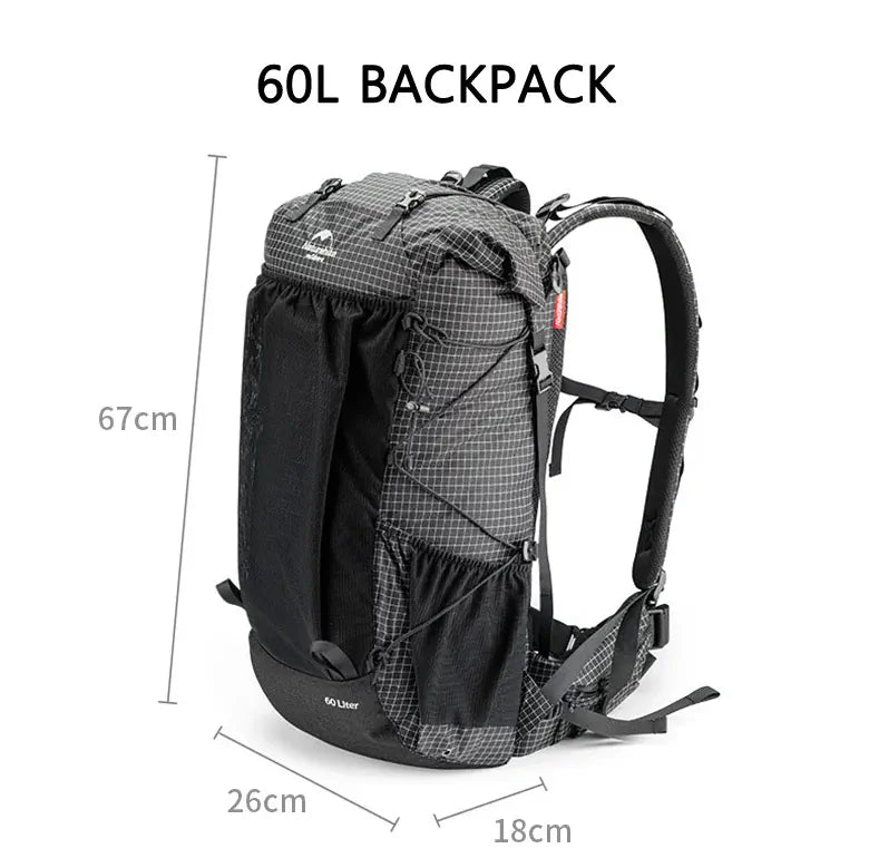 60L backpack with dimensions on a white background