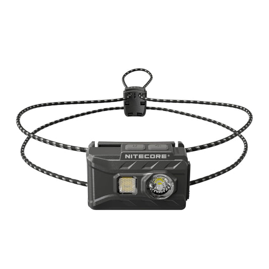 Nitecore headlight with a black strap on a white background