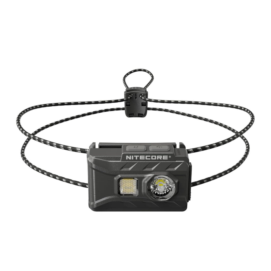 Nitecore headlight with a black strap on a white background