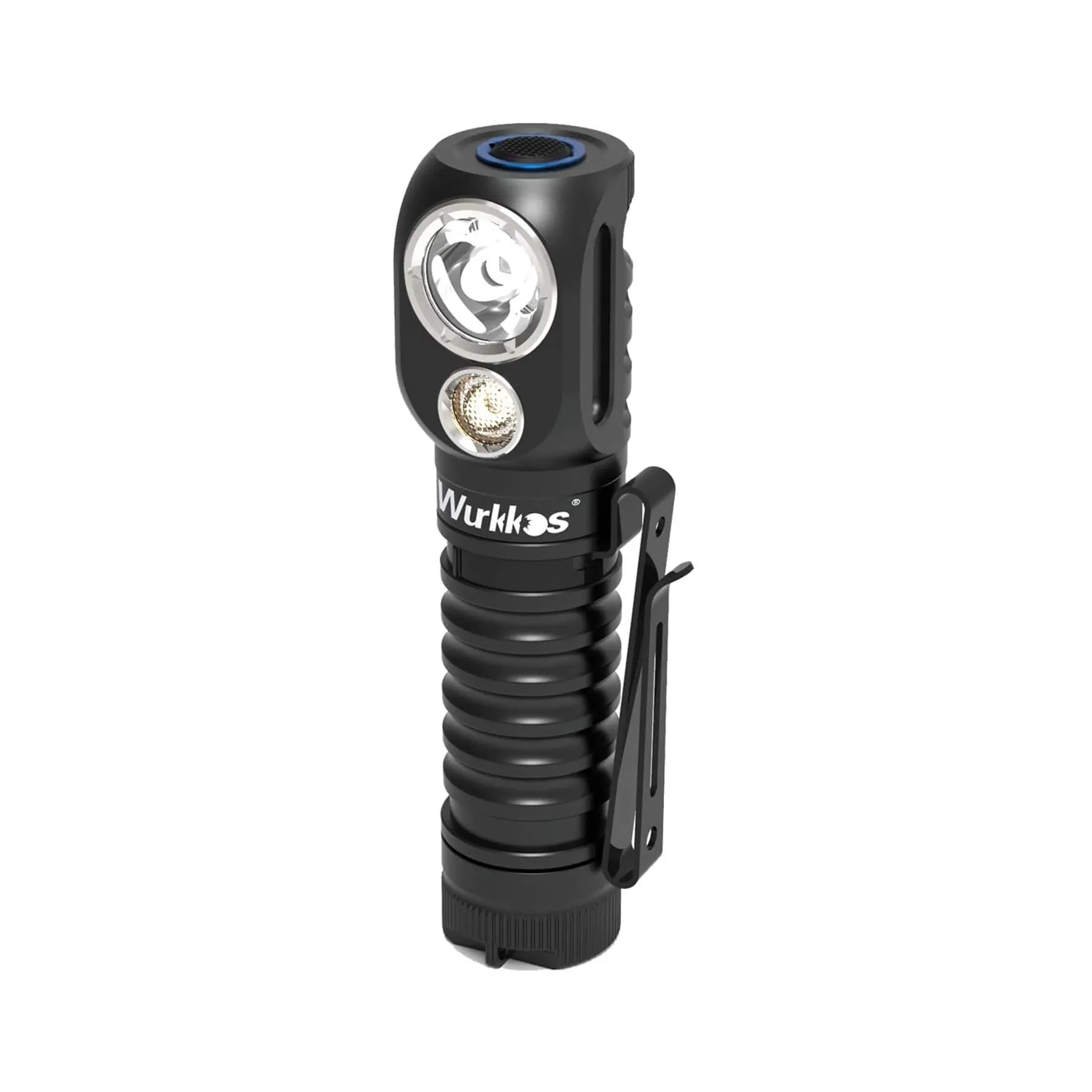 Black flashlight with Wurkkos branding on a white background