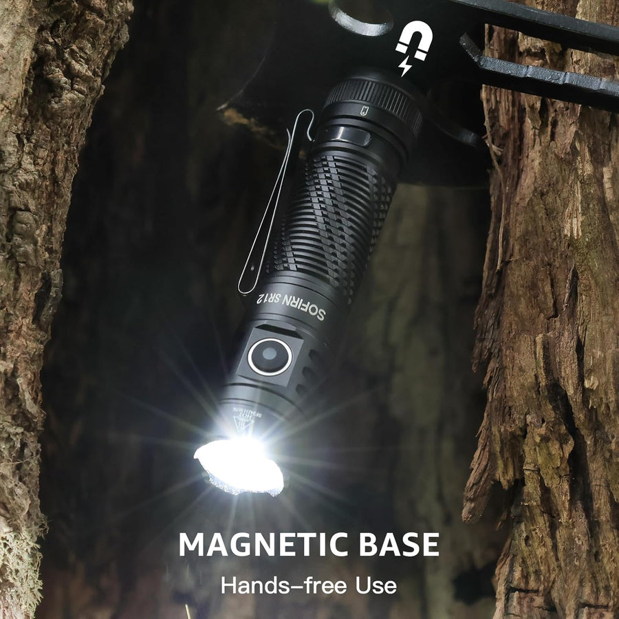 Flashlight with magnetic base attached to a tree, highlighting hands-free use feature.