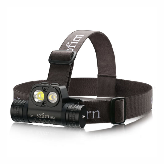 Black headlamp with brown strap on a white background