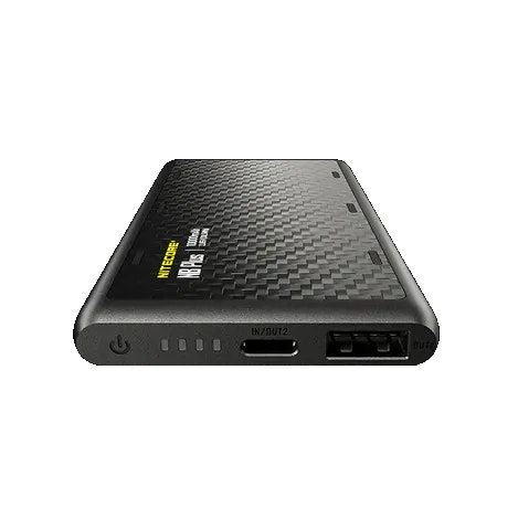 Black power bank with carbon fiber texture on a white background