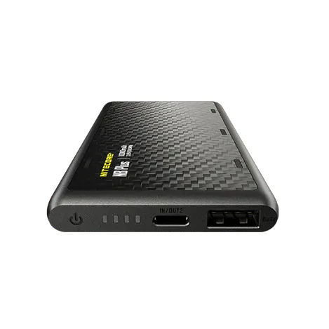 Black power bank with carbon fiber texture on a white background