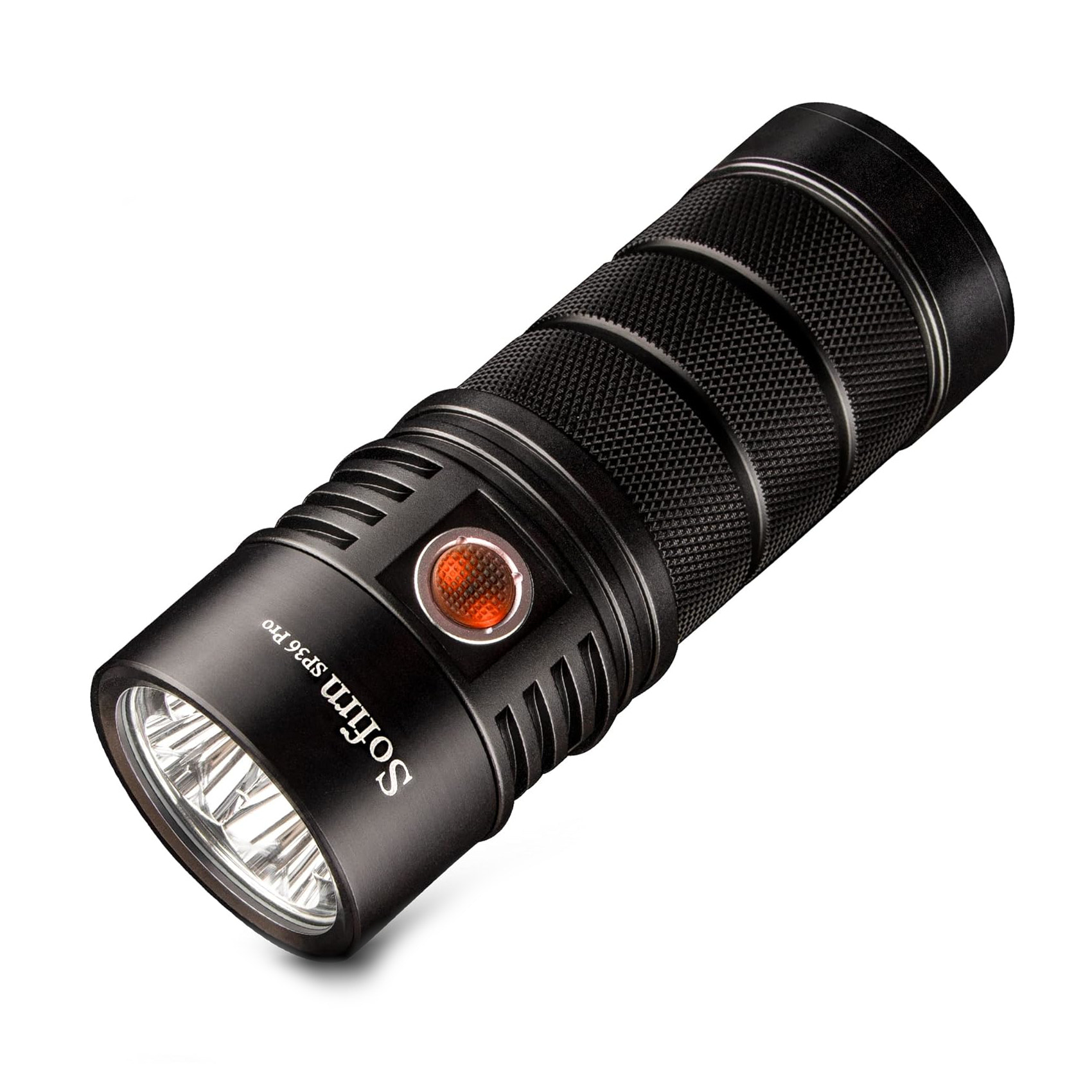 Black flashlight with visible brand name on a white background