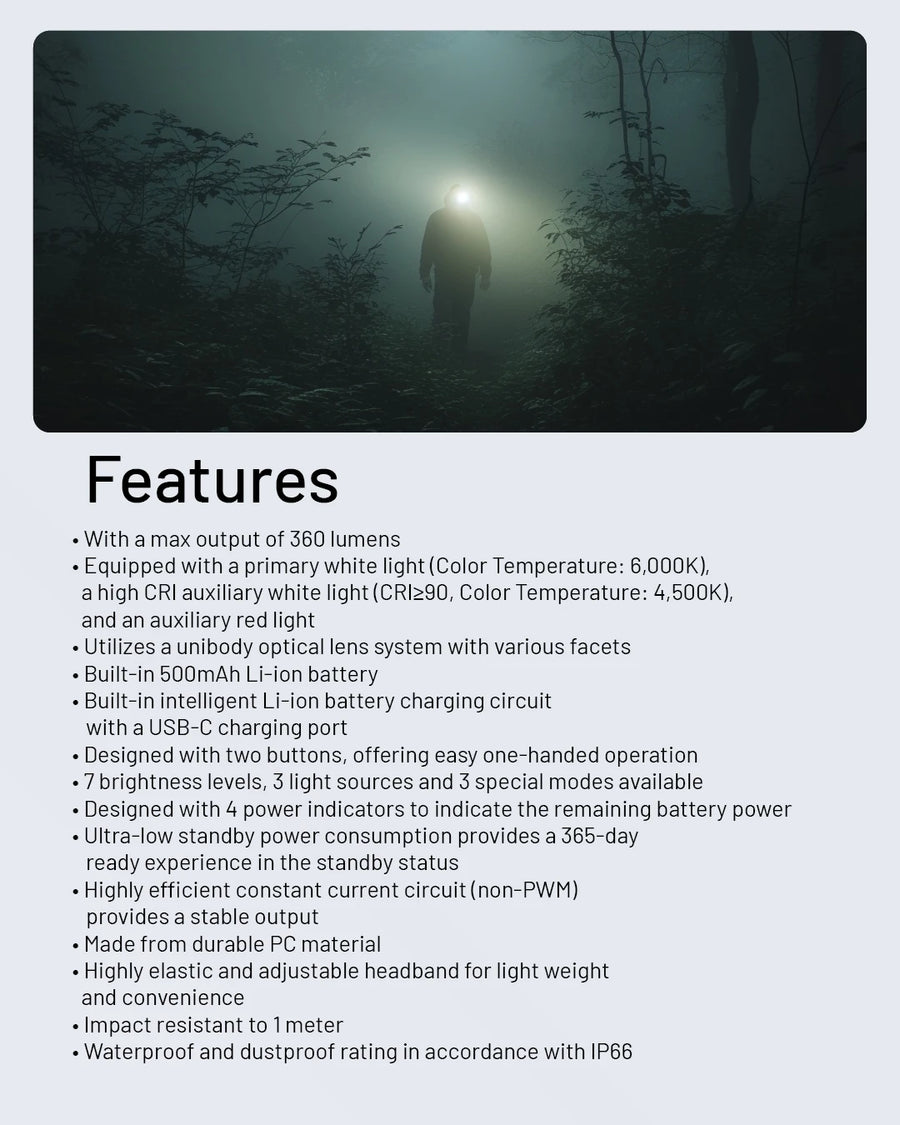 Person with a flashlight in a dark forest with product features listed below.
