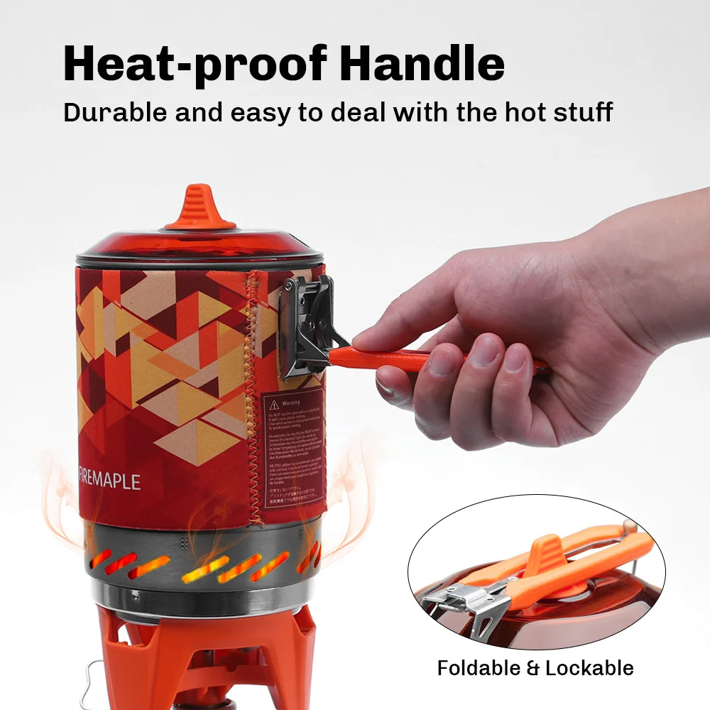 Portable stove with heat-proof handle and geometric design, featuring a hand holding a tool.