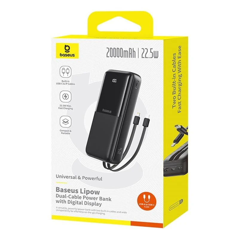 Baseus Lipow dual-cable power bank packaging with digital display on a white background