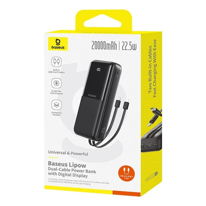 Baseus Lipow dual-cable power bank packaging with digital display on a white background