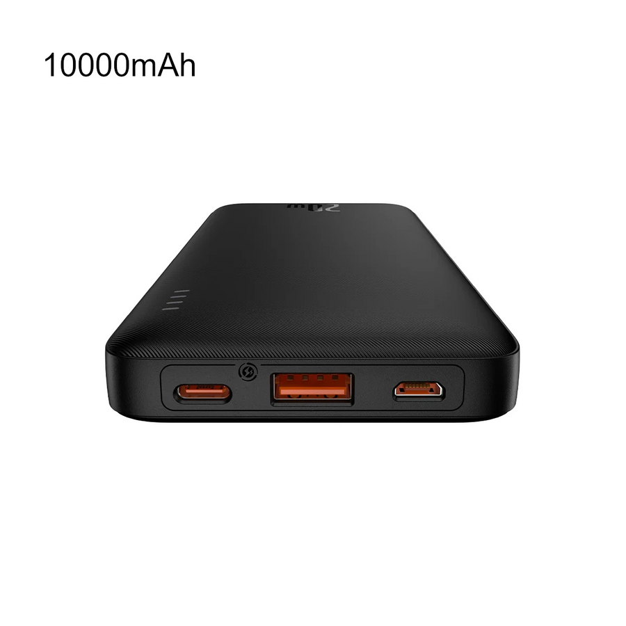 Black power bank with multiple ports on a white background