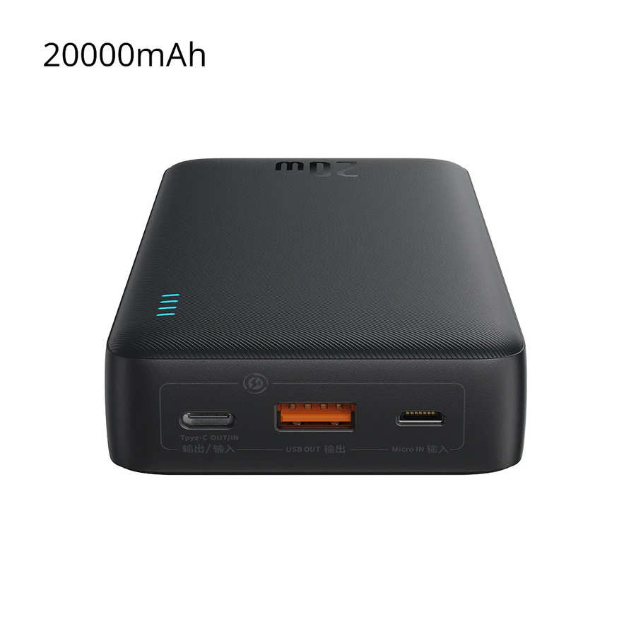 Black power bank with multiple ports on a white background