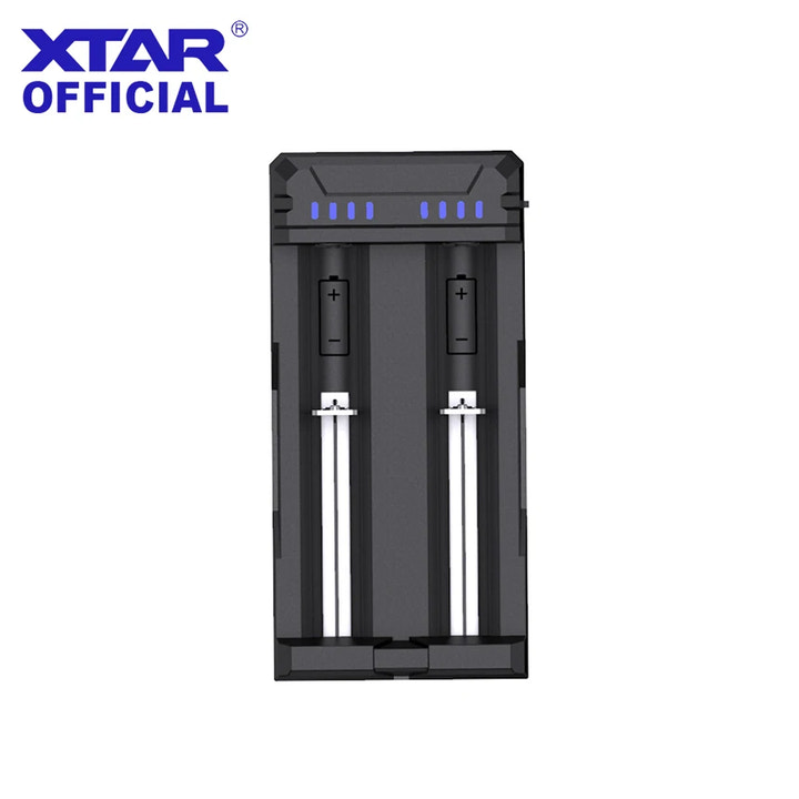 Black battery charger with two slots on a white background, featuring the XTAR logo.