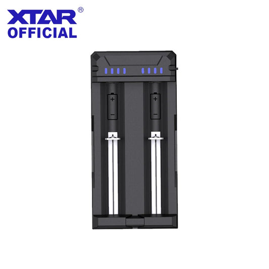 Black battery charger with two slots on a white background, featuring the XTAR logo.