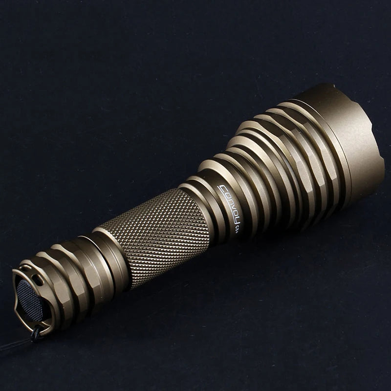 Tactical flashlight with textured grip on a black background
