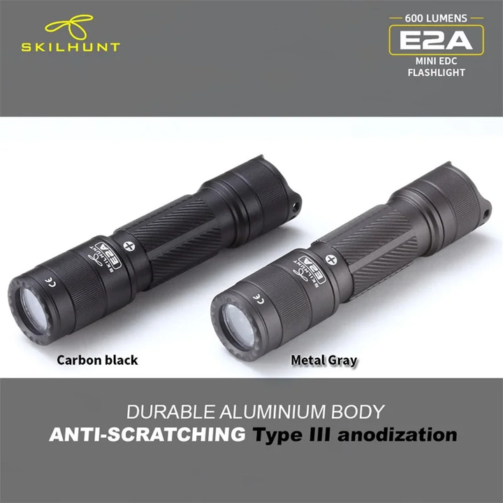 Two flashlights, one carbon black and one metal gray, on a white background with Skilhunt branding.