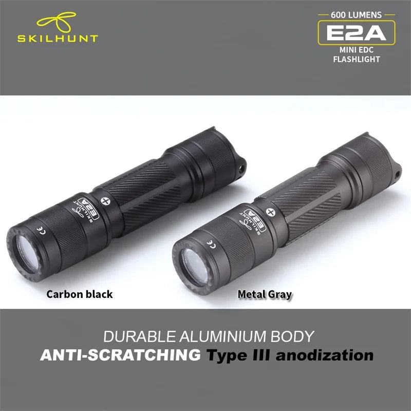 Two flashlights, one carbon black and one metal gray, on a white background with Skilhunt branding.
