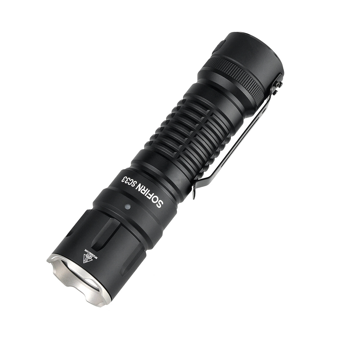 Black flashlight with visible branding on a white background