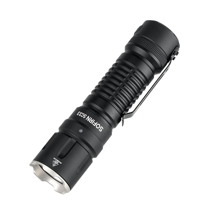 Black flashlight with visible branding on a white background