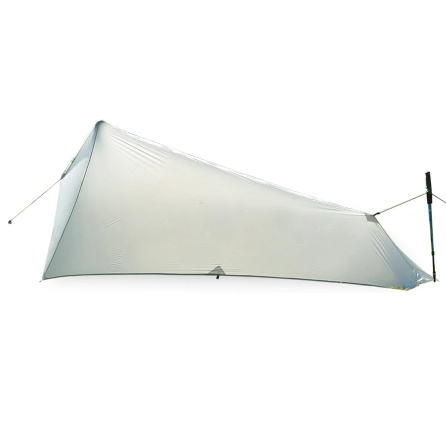 Lightweight camping tarp with poles on a white background