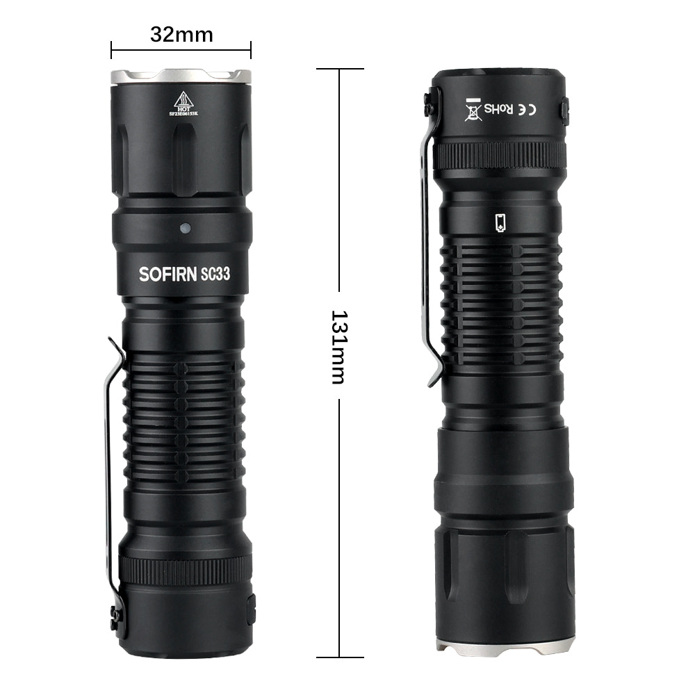 Two black flashlights with measurements on a white background