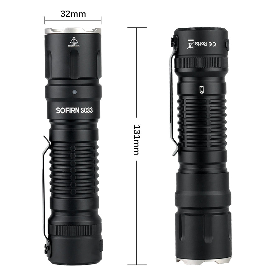 Two black flashlights with measurements on a white background